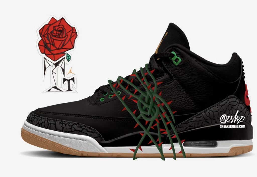 Teyana Taylor's Air Jordan 3 sneaker featuring removable rose vines, blending bold streetwear style with feminine floral elements
